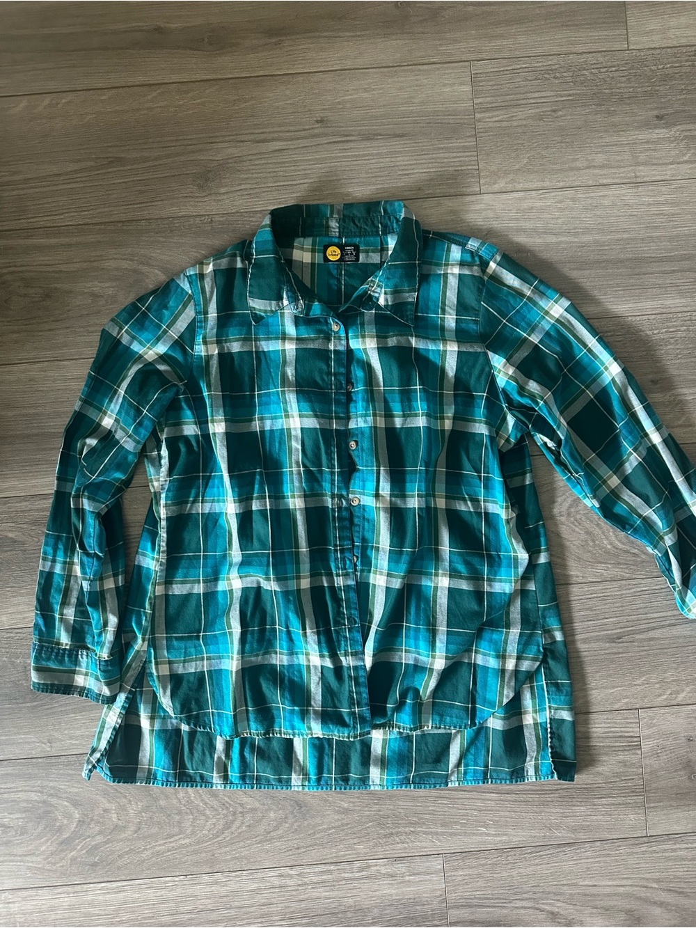Life Is Good Teal, Green and White Plaid Shirt
